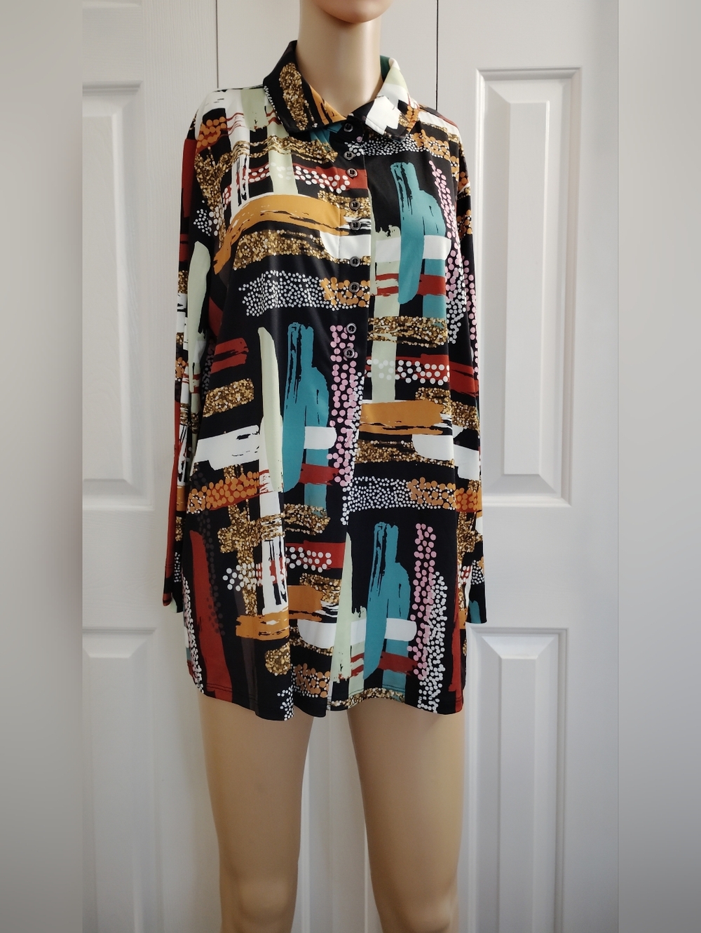 Lior Paris Abstract Print Art To Wear  Button Up Tunic Shirt Top Size L.